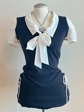 next Navy Knit Top with White Bow Collar